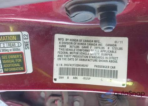 2011 Honda Civic Lx из США, поврежденный, VIN 2HGFA1F53BH540247